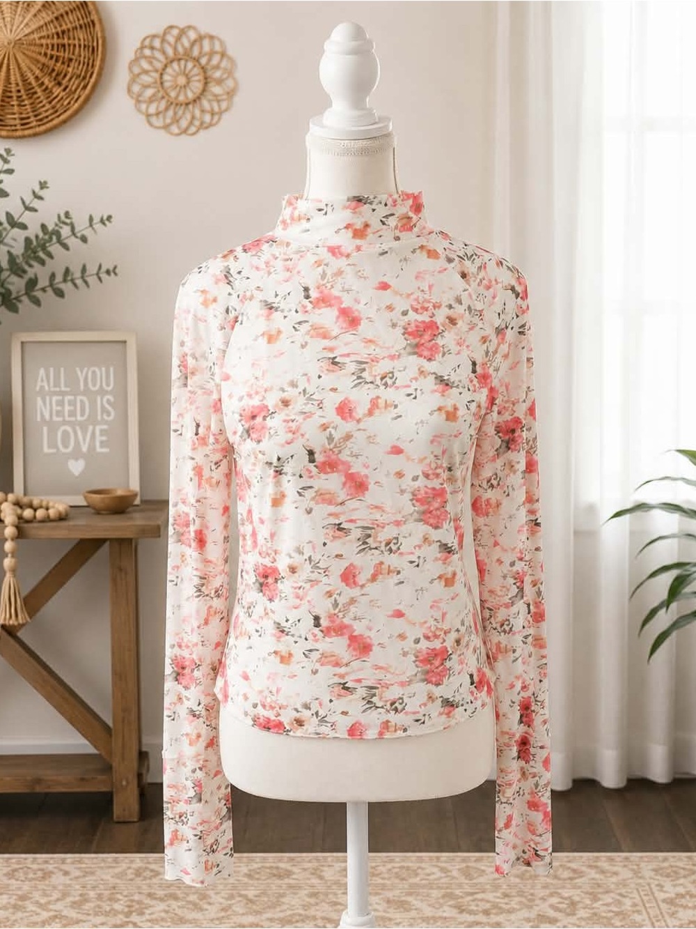 Floral Mock Neck Long Sleeve Top - White with Pink Floral